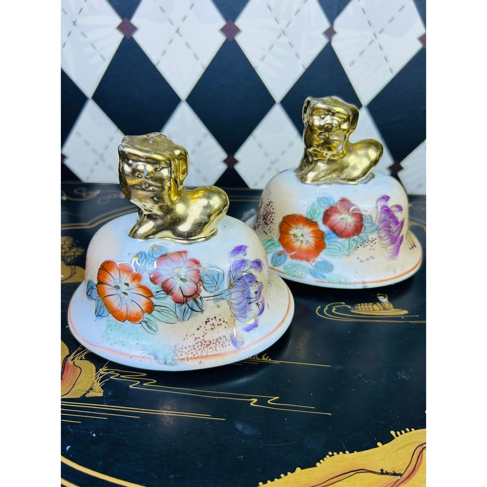 Vintage Chinoiserie Peacock Ginger Jars Gold Foo Dog Lid Pair 15.5" - Picture 12 of 17